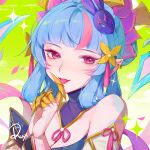  1girl absurdres bare_shoulders blue_hair breasts cleavage detached_sleeves evelynn_(league_of_legends) hair_ornament highres league_of_legends licking licking_finger light_blush looking_at_viewer mask mask_on_head medium_hair multicolored_hair pink_eyes pink_hair pointy_ears portrait rabbit_mask ruan_chen_yue signature sleeveless solo spirit_blossom_evelynn streaked_hair tongue tongue_out 