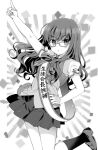  1girl alternate_costume arm_up fate/extra fate_(series) glasses greyscale hanabana_tsubomi hand_on_own_hip homurahara_academy_school_uniform index_finger_raised kishinami_hakuno_(female) loafers looking_at_viewer medium_hair monochrome parted_lips sash school_uniform shoes short_sleeves skirt socks solo vest 