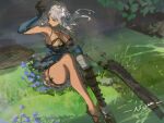  1girl absurdres bandaged_arm bandaged_leg bandages black_footwear black_gloves blue_dress braid breasts cleavage dress elbow_gloves flower gloves grass hair_flower hair_ornament hand_up high_heels highres holding holding_weapon kaine_(nier) lingerie muyihui negligee nier nier_(series) outdoors purple_flower signature sitting solo sword tan thick_thighs thigh_strap thighs underwear weapon white_hair 