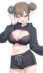  1girl aya_(lezon) black_bra black_jacket black_shorts bra breasts brown_hair cleavage commentary_request double_bun earrings green_hair hair_bun hair_ornament hairclip highres jacket jewelry large_breasts long_sleeves looking_at_viewer mole mole_on_stomach multicolored_hair navel open_mouth original revision short_hair shorts shrug_(clothing) simple_background solo two-tone_hair underwear white_background yellow_eyes 