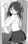  1girl alternate_costume blush bra breasts changing_clothes fate/prototype fate_(series) full-face_blush glasses greyscale hanabana_tsubomi locker looking_at_viewer medium_hair monochrome open_mouth sajou_ayaka_(fate/prototype) skirt small_breasts solo surprised underwear 