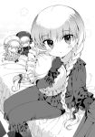  1girl alice_(fate) blush braid character_doll fate/extra fate/grand_order fate_(series) frilled_shirt frills gloves greyscale hanabana_tsubomi long_hair long_sleeves looking_at_viewer monochrome nursery_rhyme_(fate) on_bed pajamas pants parted_lips shirt simple_background sitting solo twin_braids 