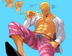  1boy abs absurdres arm_up blonde_hair capri_pants donquixote_doflamingo earrings english_text from_below grin hand_in_pocket heart highres inkiedraws jewelry leg_hair looking_at_viewer male_focus muscular muscular_male navel one_piece open_clothes pants pectorals shirt short_hair smile sunglasses teeth upper_teeth_only white_shirt 