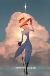  1boy back black_footwear blonde_hair cane cloud cloudy_sky golden_hour hat hazbin_hotel highres holding holding_cane holding_clothes holding_hat lucifer_morningstar_(hazbin_hotel) pants ripples sky solo water white_headwear white_pants xwm 