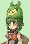  1girl armor blunt_bangs closed_mouth green_background green_eyes green_hair highres juniper_(xenoblade) pokemon pokemon_(creature) saiykik short_hair simple_background smile swadloon xenoblade_chronicles_(series) xenoblade_chronicles_3 