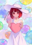  1girl absurdres arima_kana bob_cut bubble closed_mouth dress hat hat_ribbon heart highres inverted_bob looking_at_viewer oshi_no_ko red_eyes red_hair ribbon short_hair solo white_dress white_headwear xiang_yu_pai 