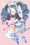  2girls :3 :d animal_ear_hairband animal_ears animal_print black_hair blue_footwear blue_hair braid braided_bangs commentary_request crown drill_hair earmuffs elbow_gloves fake_animal_ears full_body fur-trimmed_gloves fur_trim gaaruru_(pripara) garara_s_leep gloves grey_eyes hairband hand_up head_chain high_heels highres idol_time_pripara ku_(residual666) long_hair looking_at_viewer mini_crown mini_person minigirl multiple_girls one_eye_closed open_mouth orange_shirt orange_shorts orange_thighhighs paw_pose pretty_series pripara shirt shorts sitting sitting_on_person smile symbol-shaped_pupils tail thighhighs tiger_ears tiger_print tiger_tail twin_drills twintails very_long_hair white_gloves white_shirt white_shorts white_thighhighs yellow_eyes 