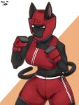 3:4 angry anthro armor big_breasts black_body black_fur bottomwear boxing boxing_gloves breasts cat_tail clothing domestic_cat felid feline felis female fur handwear headgear helmet hi_res mammal navel pants red_clothing rizal_ok solo sport thick_thighs