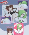 anthro anthro_penetrated anus autofellatio bed bed_sheet bedding blue_eyes bodily_fluids bra breast_play breasts brown_hair butt clothing cum cum_from_pussy cum_in_pussy cum_inside digital_media_(artwork) duo english_text female female_penetrated furniture gardevoir generation_3_pokemon genital_fluids genitals gynomorph gynomorph/female gynomorph_penetrating gynomorph_penetrating_female hair heart_eyes heart_symbol hi_res human humanoid_genitalia humanoid_penis intersex intersex/female intersex_penetrating intersex_penetrating_female liveactors long_hair lying mammal masturbation nintendo on_back on_bed on_bottom on_top oral oral_masturbation penetration penile penile_masturbation penile_penetration penis penis_in_pussy pillow pink_eyes pokemon pokemon_(species) pussy reverse_cowgirl_position rosa_(pokemon) sex sports_bra text underwear vaginal vaginal_penetration white_body