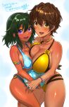  2girls absurdres armlet asymmetrical_docking ball beachball bikini bracelet breast_press breasts brown_hair choker commission dark_skin duralu500 highres idolmaster idolmaster_cinderella_girls jewelry large_breasts multiple_girls natalia_(idolmaster) noguchi_yuri o-ring o-ring_bikini oikawa_shizuku short_hair skeb_commission swimsuit tan 