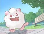  bench bright_pupils commentary_request day fangs full_body grass happy illustration_room_nagi no_humans open_mouth outdoors path pokemon pokemon_(creature) red_eyes sky solo swirlix tongue tongue_out tree white_pupils 