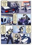 anthro arcanine arrested bottomwear broken_glass car cellphone clothing collar comic cuff_(restraint) duo electronics generation_1_pokemon generation_4_pokemon glass group handcuffed handcuffs hi_res humanoid juniorjosi lucario machoke male metal_cuffs nidoking nintendo pants phone pokemon pokemon_(species) police police_car police_uniform police_vehicle restraints ringtone scratching_head shaesullivan_(artist) shirt smartphone smile topwear torn_clothing torn_shirt torn_topwear trio uniform vehicle wepawet