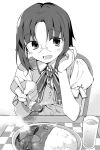  1girl :d alternate_costume blush bow bowtie ciel_(tsukihime) collared_shirt curry curry_rice food glass glasses greyscale hanabana_tsubomi hand_up highres holding holding_spoon incoming_food looking_at_viewer monochrome open_mouth placemat plate rice shirt short_hair short_sleeves simple_background sitting smile solo spoon tsukihime upper_body vest 