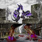 anthro blood bodily_fluids defeated gore hi_res hooves jeffusherb macro male micro smoke solo town traces undead zombie