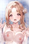  1girl against_fourth_wall bathroom blush breast_press breasts collarbone completely_nude hair_bun highres ichikawa_hinana idolmaster idolmaster_shiny_colors large_breasts light_brown_hair looking_at_viewer nipples nude qianlou_(qianlou12374) sidelocks single_side_bun smile solo tile_wall tiles upper_body 