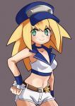  1girl belt blonde_hair blue_choker blue_headwear bracelet breasts cabbie_hat choker collared_shirt cowboy_shot crop_top green_eyes hand_on_own_hip hat highres idol jewelry looking_at_viewer mega_man_(series) mega_man_legends mega_man_legends_(series) midriff navel official_alternate_costume puddinghomhom roll_caskett_(mega_man) shirt shorts simple_background smile solo star_(symbol) white_shorts 