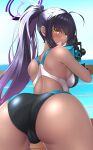  1girl absurdres ahoge ass back black_hair blue_archive blue_sky blush breasts camera commentary_request competition_swimsuit dark-skinned_female dark_skin day gradient_hair halo highres holding holding_camera horizon karin_(blue_archive) long_hair looking_at_viewer looking_back mechanical_halo medium_breasts multicolored_hair ocean one-piece_swimsuit open_mouth oryou_gunsou outdoors ponytail purple_hair railing shoulder_blades sidelocks sky solo swimsuit thighs two-tone_hair very_long_hair yellow_eyes 