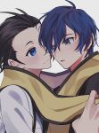  2boys black_hair blue_eyes blue_hair blush closed_mouth elulit2 face-to-face grey_eyes hair_slicked_back highres holding holding_clothes holding_scarf looking_at_another male_focus mochizuki_ryouji multiple_boys parted_lips persona persona_3 scarf shared_clothes shared_scarf short_hair simple_background smile white_background yaoi yellow_scarf yuuki_makoto_(persona_3) 