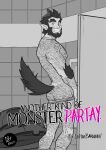  1boy animal_ears ass back_hair bara bathroom beard body_fur cover cover_page doujin_cover facial_hair feet_out_of_frame from_side full_beard greyscale grin hairy highres huge_eyebrows looking_at_viewer lupin_barnabi male_focus mature_male monochrome monster_prom muscular muscular_male nipple_hair pectorals presenting_ass scott_howl smile solo standing tail tail_wagging thick_arm_hair thick_ass_hair thick_beard thick_chest_hair thick_leg_hair toilet_use very_hairy werewolf wolf_boy wolf_ears wolf_tail 
