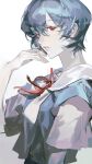  1girl ayanami_rei blue_hair from_side hair_between_eyes hand_up highres looking_at_viewer neck_ribbon neon_genesis_evangelion parted_lips red_eyes red_ribbon ribbon school_uniform shirt short_hair short_sleeves simple_background solo tian_(my_dear) tokyo-3_middle_school_uniform upper_body white_background white_shirt 