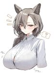  1girl ? animal_ears arknights blush bra_visible_through_clothes breasts bursting_breasts commentary_request grey_hair highres horn/wood huge_breasts long_hair looking_at_viewer penance_(arknights) simple_background solo upper_body white_background wolf_ears yellow_eyes 