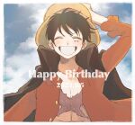  1boy 2023 ^_^ black_hair buttons closed_eyes cloud commentary_request dated frilled_sleeves frills hand_on_headwear happy_birthday hat male_focus millpi01 monkey_d._luffy one_piece open_clothes open_shirt red_shirt scar scar_on_face shirt short_hair sky smile solo straw_hat upper_body 