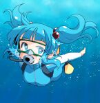  1girl blue_eyes blue_hair blue_theme bubble commission dairi diving_mask diving_suit goggles gradient_background in_water kawashiro_nitori looking_at_viewer skeb_commission solo touhou two_side_up 
