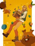  1boy ^^^ arven_(pokemon) berry_(pokemon) blonde_hair blue_vest blurry blurry_foreground boots box cardboard_box commentary_request evolutionary_line greedent hair_over_one_eye highres holding long_hair male_focus necktie omyo_(myomyomyo22) open_mouth oran_berry orange_necktie orange_pants pants pokemon pokemon_(creature) pokemon_sv shirt signature skwovet standing star_(symbol) surprised teeth tongue vest white_shirt 