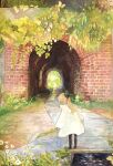  1girl absurdres arch black_bow blonde_hair bow brick_wall canal daisy day facing_away flower from_behind grass hair_bow highres leaf long_hair long_sleeves non_na original outdoors painting_(medium) plant ponytail scenery solo standing traditional_media tunnel water watercolor_(medium) white_flower 