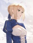  1girl ahoge artoria_pendragon_(fate) blonde_hair blue_dress blue_ribbon breasts cleavage cleavage_cutout clothing_cutout cloud dress fate_(series) green_eyes hair_ribbon hair_up highres juliet_sleeves long_sleeves looking_afar medium_breasts outdoors puffy_sleeves ribbon saber_(fate) sidelocks sky solo standing tesin_(7aehyun) two_side_up upper_body whip white_dress 