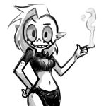 alien alien_humanoid bottomwear breasts clothed clothing disney eyebrows female fingers freckles hair half-length_portrait hand_on_hip hand_on_own_hip humanoid humanoid_pointy_ears itimu lord_dominator midriff monochrome navel noseless not_furry portrait simple_background standing topwear wander_over_yonder white_background