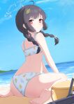  1girl absurdres ahoge ass bare_arms bare_legs bare_shoulders barefoot beach bikini black_hair blue_archive braid day highres icetea_(8862) leaf leaf_on_head long_hair looking_at_viewer miyu_(blue_archive) miyu_(swimsuit)_(blue_archive) ocean official_alternate_costume official_alternate_hairstyle outdoors red_eyes sitting soles solo swimsuit toes twin_braids wariza white_bikini 