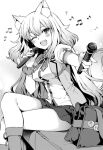  1girl ;d animal_ear_fluff animal_ears bag bow bowtie breasts crossed_legs fate/grand_order fate_(series) hanabana_tsubomi holding holding_microphone homurahara_academy_school_uniform karaoke long_hair looking_at_viewer medium_breasts microphone musical_note one_eye_closed open_clothes open_mouth open_vest school_bag school_uniform short_sleeves simple_background sitting skirt smile solo suzuka_gozen_(fate) teeth upper_teeth_only vest 
