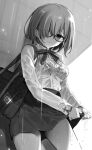  1girl asymmetrical_bangs bag blush bow bowtie bra breasts collared_shirt cowboy_shot fate/grand_order fate_(series) glasses greyscale hair_over_one_eye hanabana_tsubomi highres long_sleeves looking_down mash_kyrielight monochrome parted_lips rain school_bag school_uniform see-through see-through_shirt shirt shirt_tucked_in short_hair skirt small_breasts solo underwear wet wet_clothes wringing_clothes 