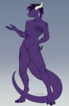 abs anthro claws digital_media_(artwork) dragon female full-length_portrait hair hi_res horn muscular mythological_creature mythological_scalie mythology portrait pose purple_body scalie scar sketch skyfeather smile solo standing tail thefloofdragon