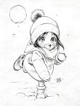  1girl akebi-chan_no_serafuku akebi_kao beanie blush child commentary_request greyscale hat highres hiro_(dismaless) looking_at_viewer monochrome open_mouth short_hair snowball solo standing teeth throwing upper_teeth_only winter_clothes 