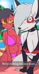 animated anthro big_breasts bikini black_hair bouncing_breasts breasts canid canid_demon canine cleavage clothed clothing collar creatiffy demon digital_media_(artwork) duo english_text female fur gloves hair handwear hellhound helluva_boss hi_res horn humanoid imp legwear looking_at_viewer loona_(helluva_boss) mammal millie_(helluva_boss) mythological_canine mythological_creature mythology outside poolside red_body red_sclera short_playtime simple_background smile stockings swimwear tail teeth text thick_thighs topwear under_boob white_body white_fur yellow_sclera