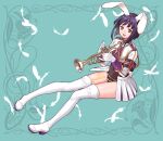  1girl aiguillette animal_ears aqua_background armband black_hair bob_cut boots chiester556 covered_navel feathers gloves holding holding_instrument instrument ito_fumi long_sleeves open_mouth pleated_skirt rabbit_ears rabbit_tail red_eyes short_hair showgirl_skirt sitting skirt smile solo tail thigh_boots trumpet umineko_no_naku_koro_ni uniform white_footwear white_gloves 