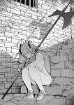  1girl ahoge axe battle_axe blush breasts commentary_request frown gauntlets hair_ribbon highres holding holding_axe holding_polearm holding_weapon knees_to_chest large_breasts nipples nude original outdoors polearm ribbon screentones shield sitting solo stairs stone_walkway stone_wall tanaka_ahiru twintails weapon 
