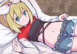  1girl blonde_hair blue_eyes blush bow_hairband closed_mouth commentary_request eyelashes hairband hand_up head_on_pillow highres irida_(pokemon) irida_(special_costume)_(pokemon) kutabireta_neko long_sleeves lying midriff navel official_alternate_costume on_back pillow pokemon pokemon_masters_ex shirt short_hair short_shorts shorts solo white_hairband 