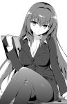  1girl alternate_costume book breasts crossed_legs expressionless fate/grand_order fate_(series) greyscale hanabana_tsubomi holding holding_book jacket large_breasts long_hair long_sleeves looking_at_viewer monochrome office_lady open_collar pantyhose scathach_(fate) simple_background sitting solo 