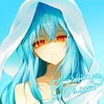  1other bare_shoulders blue_background blue_hair collarbone commission crossed_bangs frown glaring glowing glowing_eyes hair_between_eyes head_tilt hood hood_up li_nauu long_hair looking_at_viewer other_focus red_eyes rimuru_tempest shaded_face sidelocks simple_background solo tensei_shitara_slime_datta_ken watermark 