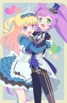  2girls :d ahoge apron arm_up black_jacket black_pants black_suit blonde_hair blue_dress blue_headwear collared_shirt commentary_request dress feet_out_of_frame gloves green_eyes hat highres hug idol_time_pripara jacket juliet_sleeves ku_(residual666) long_hair long_sleeves looking_at_viewer manaka_laala mini_hat mini_top_hat multiple_girls open_mouth outside_border pants pretty_series pripara puffy_sleeves purple_eyes purple_hair ringlets shirt smile standing suit top_hat twintails two_side_up v very_long_hair white_apron white_gloves white_shirt yumekawa_yui 