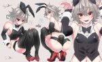  1boy ? animal_ears bare_shoulders black_bodysuit black_bow black_bowtie black_sleeves black_tail black_thighhighs blush bodysuit bow bowtie buttons closed_mouth collar covered_nipples crossdressing detached_sleeves fake_animal_ears fake_tail fate/apocrypha fate/grand_order fate_(series) flying_sweatdrops grey_background grey_hair haoro high_heels highres looking_at_viewer male_focus male_playboy_bunny meme_attire multiple_views navel open_mouth rabbit_ears rabbit_pose rabbit_tail red_eyes red_footwear short_hair sieg_(fate) signature simple_background spoken_question_mark sweat tail thighhighs white_collar white_wrist_cuffs wing_collar wrist_cuffs 