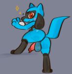 anthro balls big_balls blush butt digital_drawing_(artwork) digital_media_(artwork) generation_4_pokemon genitals looking_at_viewer male nikeshka nintendo nude penis pokemon pokemon_(species) riolu simple_background sketch smile solo tail