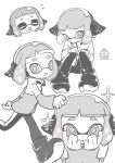  +_+ 1girl :o :p agent_4_(splatoon) blush closed_eyes commentary greyscale hands_on_own_face headphones highres inkling inkling_girl inkling_player_character looking_at_viewer medium_hair monochrome multiple_views p-pepper running simple_background sitting sparkle splatoon_(series) splatoon_2 tentacle_hair thick_eyebrows tongue tongue_out white_background 