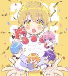  &gt;_&lt; 6+boys absurdres ahoge animal_ears blonde_hair blue_hair blush_stickers candle cat_ears character_name chibi colon_(stpri) confetti dot_nose food fruit happy_birthday highres jacket jel_(stpri) male_focus mini_person miniboy multiple_boys nanamori_(stpri) open_mouth orange_hair outstretched_arms pants pastry_bag pink_hair plaid plaid_pants purple_eyes purple_hair red_hair rinu_(stpri) root_(stpri) satomi_(stpri) short_hair strawberry strawberry_prince uxu_uxa_axa white_jacket yellow_background yellow_eyes 