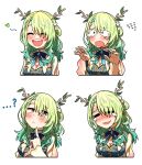  1girl :d =_= antlers blue_dress breasts capelet ceres_fauna ceres_fauna_(1st_costume) chibi chibi_only closed_eyes commentary crying crying_with_eyes_open ddolbang dress english_commentary expressions finger_to_own_chin flower gradient_hair green_hair hair_flower hair_ornament highres hololive hololive_english horns large_breasts long_hair mole mole_under_eye multicolored_hair multiple_views simple_background smile streaming_tears tears upper_body virtual_youtuber white_background white_capelet yellow_eyes 