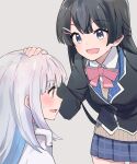  2girls :d black_hair black_jacket blazer blue_eyes blue_hair blue_skirt blush bow bowtie collared_shirt dot_nose headpat jacket lize_helesta long_hair long_sleeves looking_at_another multicolored_hair multiple_girls nijisanji open_mouth pink_bow pink_bowtie pink_eyes pleated_skirt profile school_uniform shirt sidelocks skirt smile sou_(tuhut) straight_hair streaked_hair tsukino_mito virtual_youtuber white_hair white_shirt yuri 