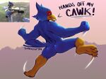 4:3 action_pose anthro avian beak bird blue_body blue_feathers bottomwear butt clothed clothing dandy_is_lion dialogue falco_lombardi feathers fully_clothed hi_res jacket male nintendo nude pants pose reference_image scouter solo speech_bubble star_fox super_smash_bros. tail tail_feathers topwear